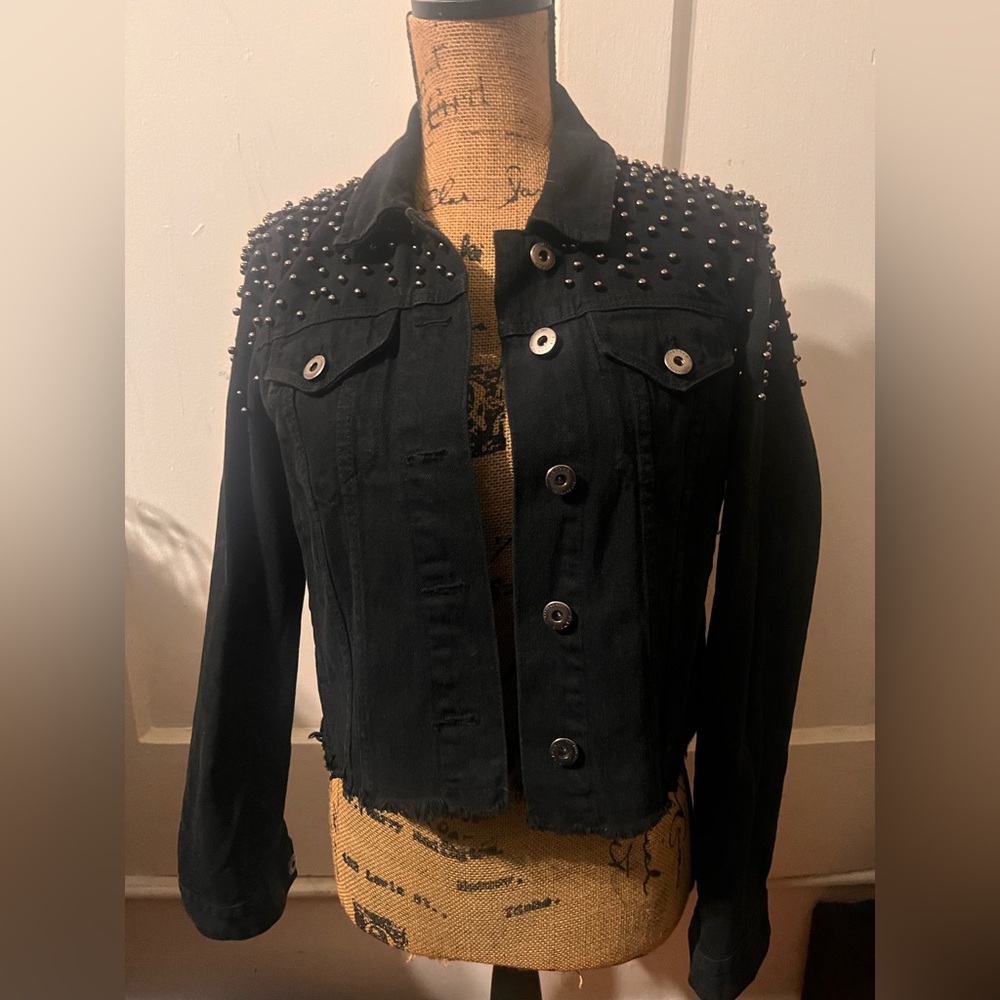 Black denim jacket with grey studs